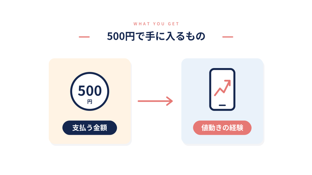 500円で手に入るのは利益ではなく値動きの経験であることを示すイラスト